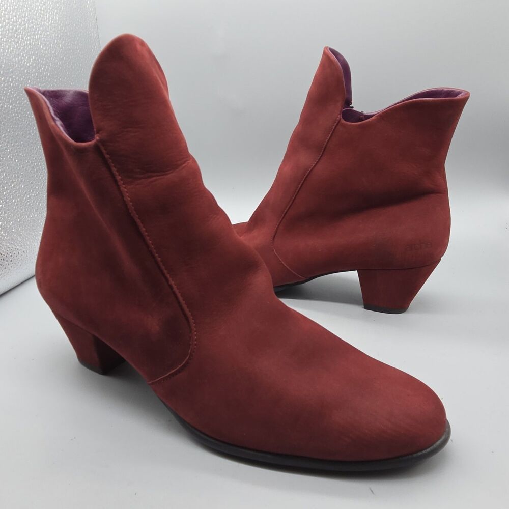 Arche Womens Musaca Boots ankle Red Garnet Nubuck Low Heel Latex Sole sz 9.5 41